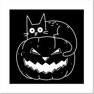 A Cute Cat with a Pumpkin - Halloween spooky kitty Black White. Trendy. Gift idea. Cat lover Posters and Art